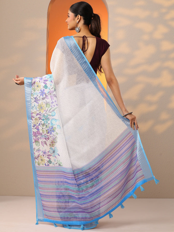 White Printed Cotton Blend Saree With Unstitched Blouse Piece
