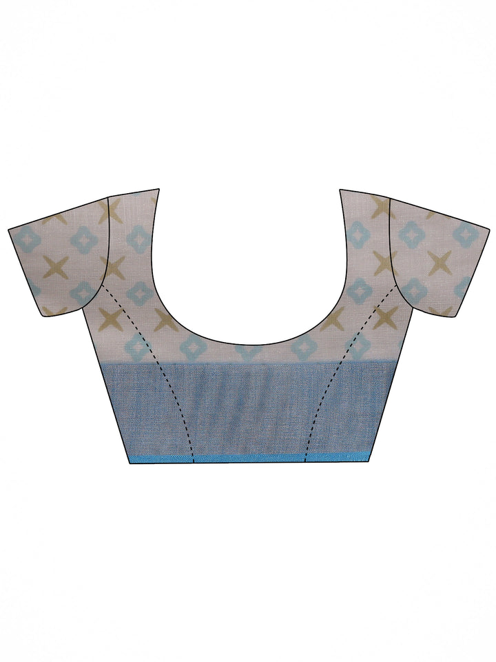 White Printed Cotton Blend Saree With Unstitched Blouse Piece