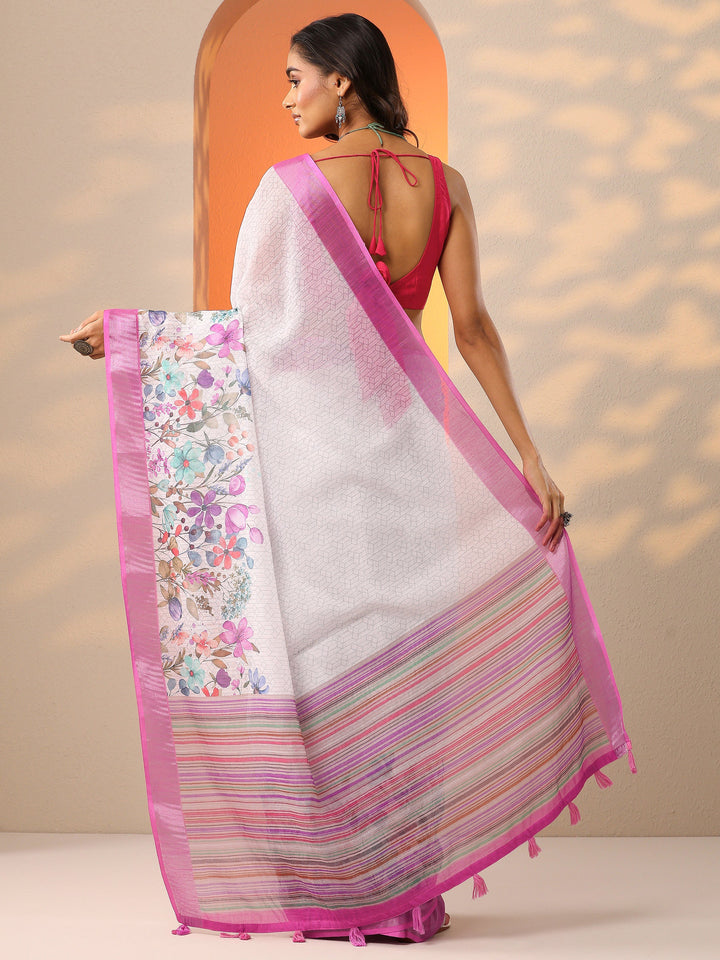 White Printed Cotton Blend Saree With Unstitched Blouse Piece