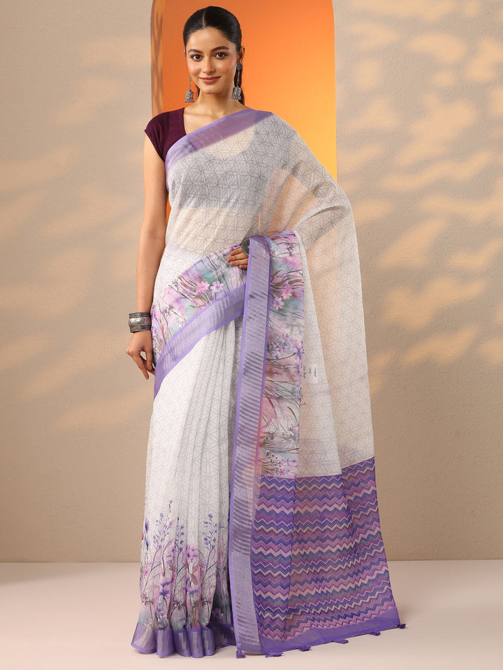 White Printed Cotton Blend Saree With Unstitched Blouse Piece