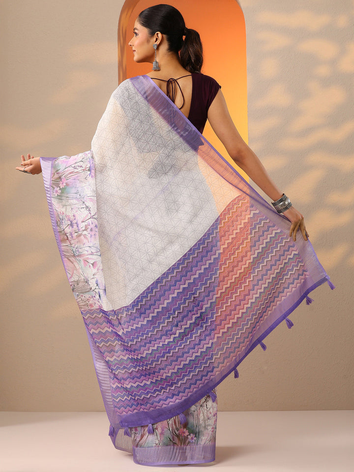 White Printed Cotton Blend Saree With Unstitched Blouse Piece