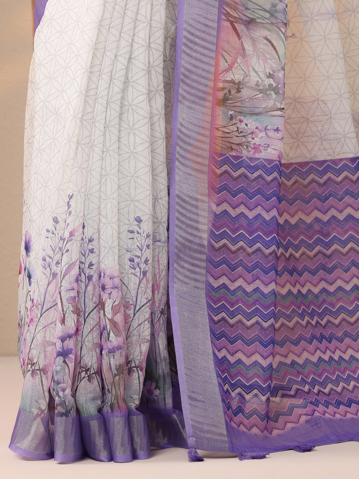 White Printed Cotton Blend Saree With Unstitched Blouse Piece