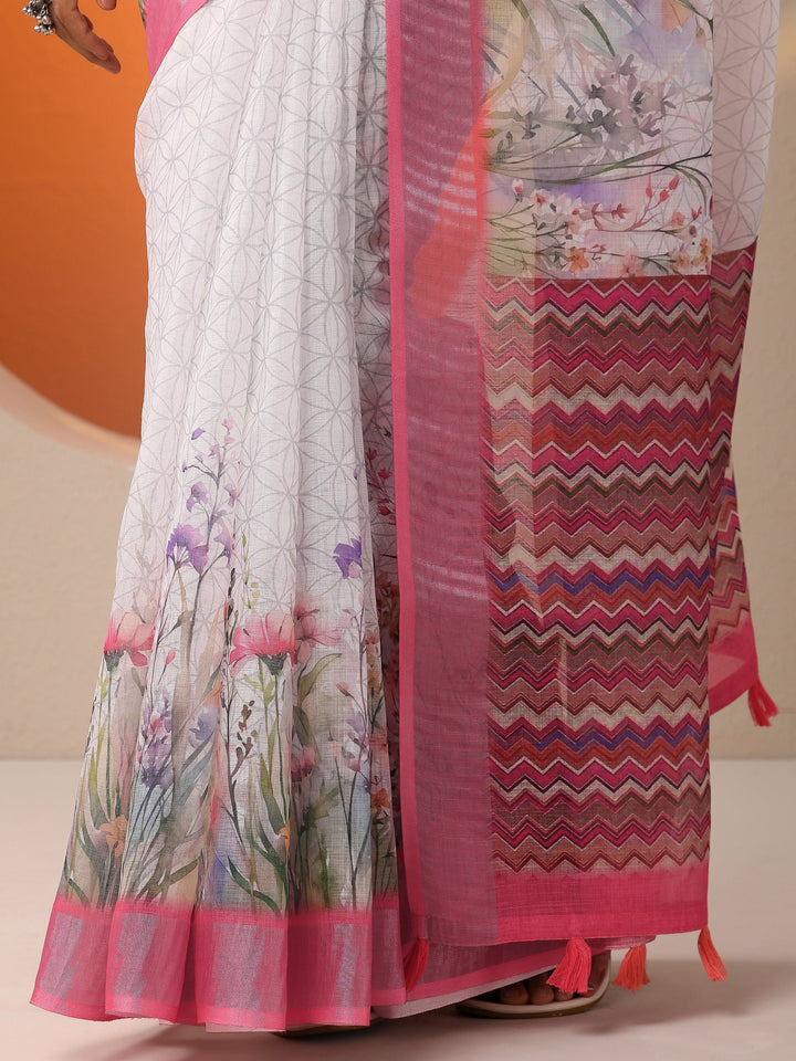 White Printed Cotton Blend Saree With Unstitched Blouse Piece
