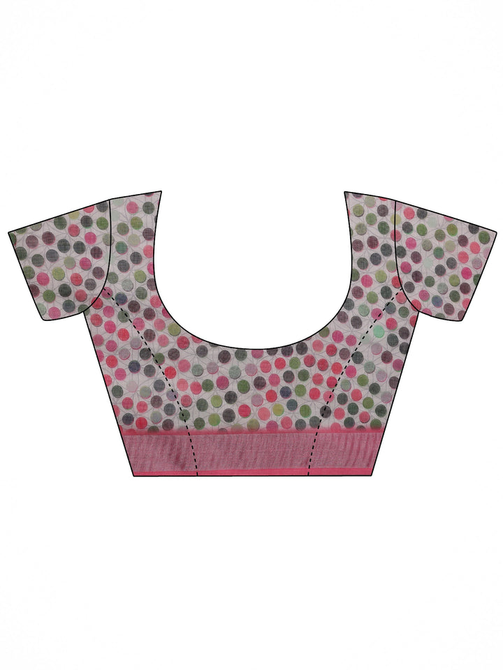 White Printed Cotton Blend Saree With Unstitched Blouse Piece