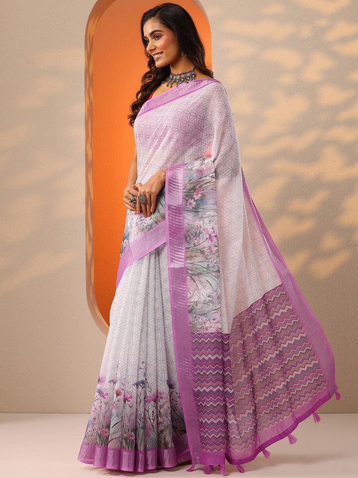 White Printed Cotton Blend Saree With Unstitched Blouse Piece
