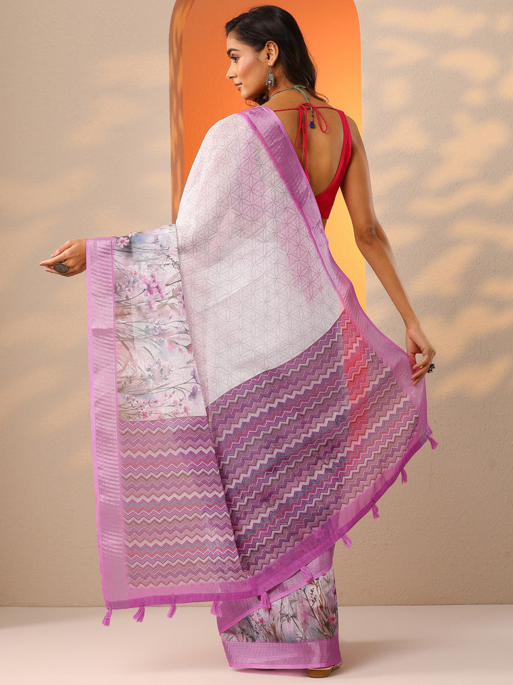 White Printed Cotton Blend Saree With Unstitched Blouse Piece