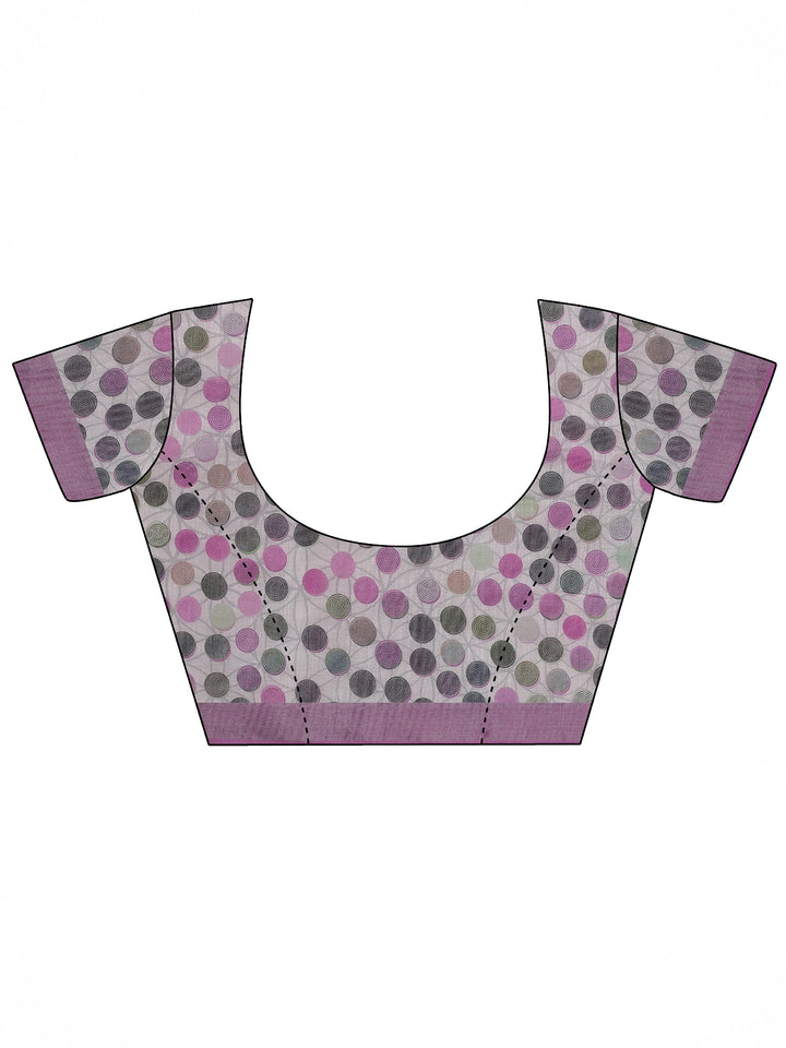 White Printed Cotton Blend Saree With Unstitched Blouse Piece