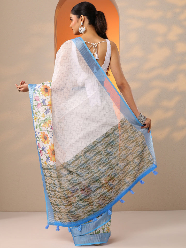 White Printed Cotton Blend Saree With Unstitched Blouse Piece