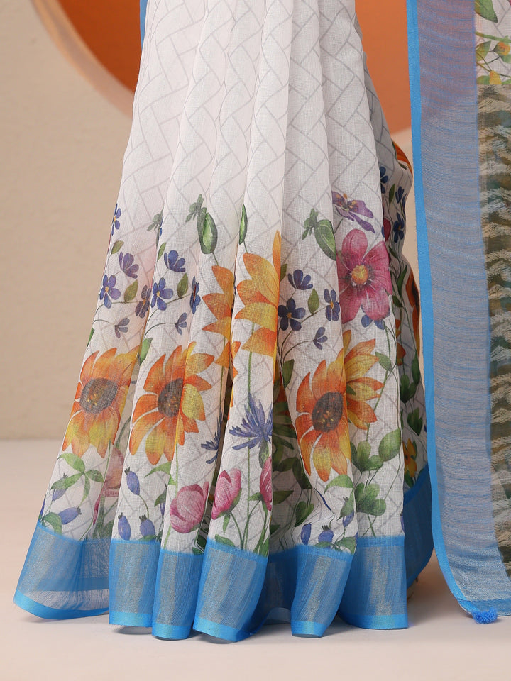 White Printed Cotton Blend Saree With Unstitched Blouse Piece