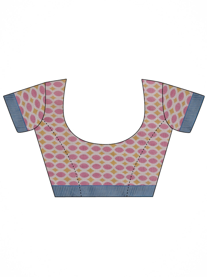 White Printed Cotton Blend Saree With Unstitched Blouse Piece