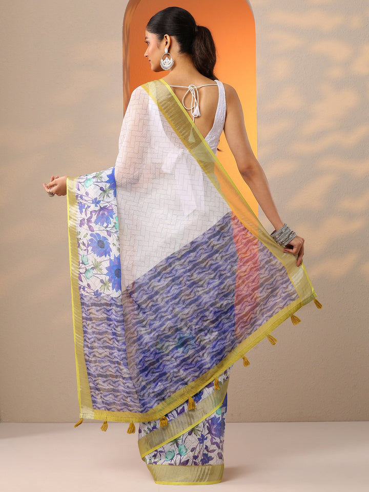 White Printed Cotton Blend Saree With Unstitched Blouse Piece
