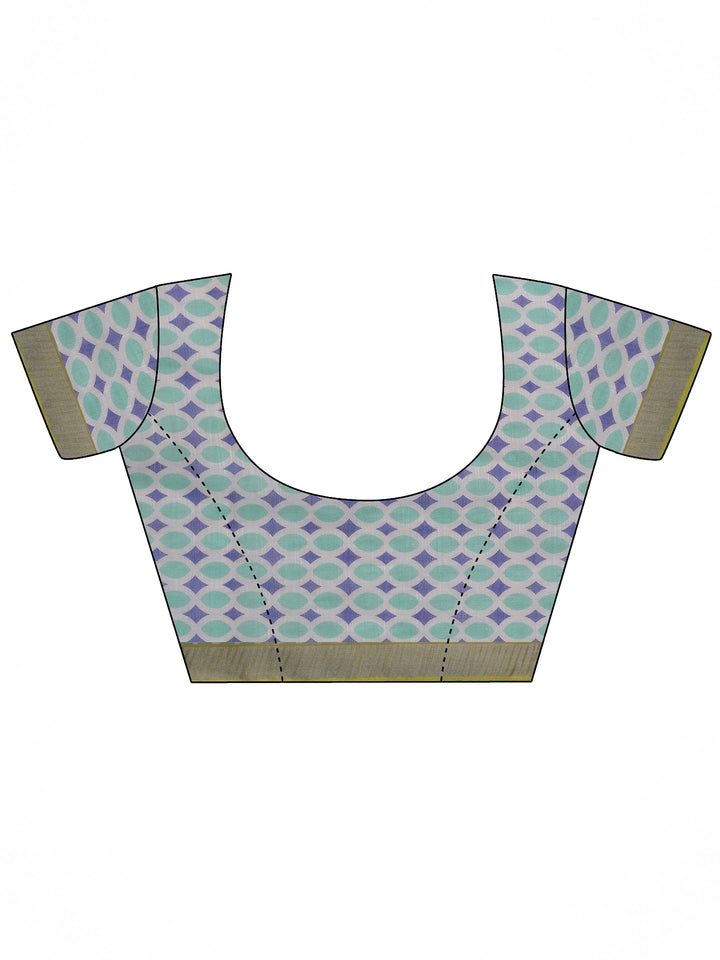 White Printed Cotton Blend Saree With Unstitched Blouse Piece