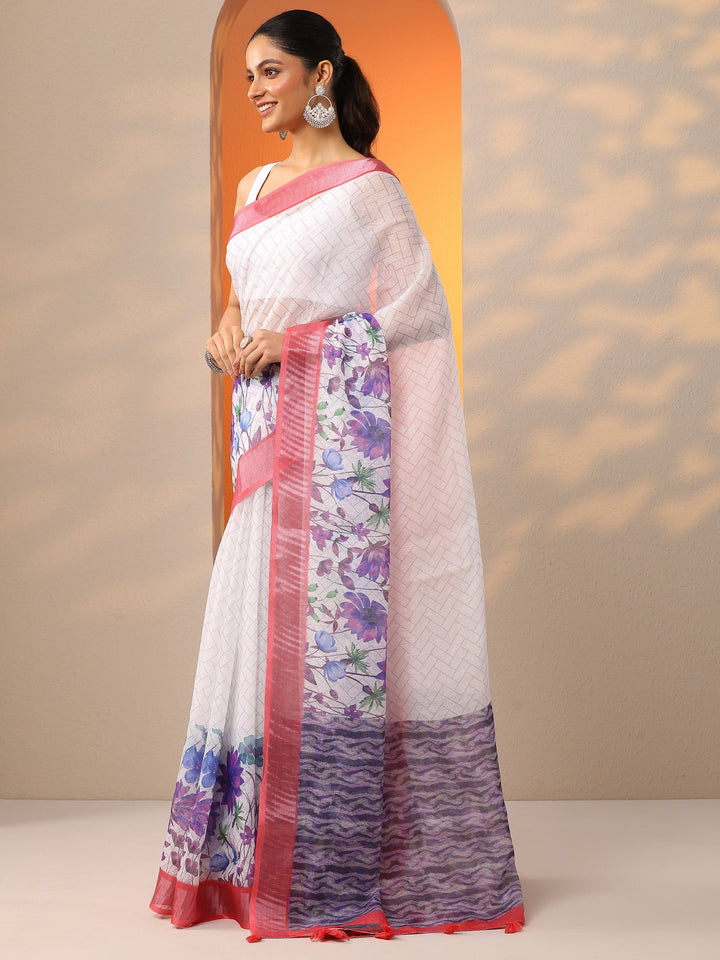White Printed Cotton Blend Saree With Unstitched Blouse Piece