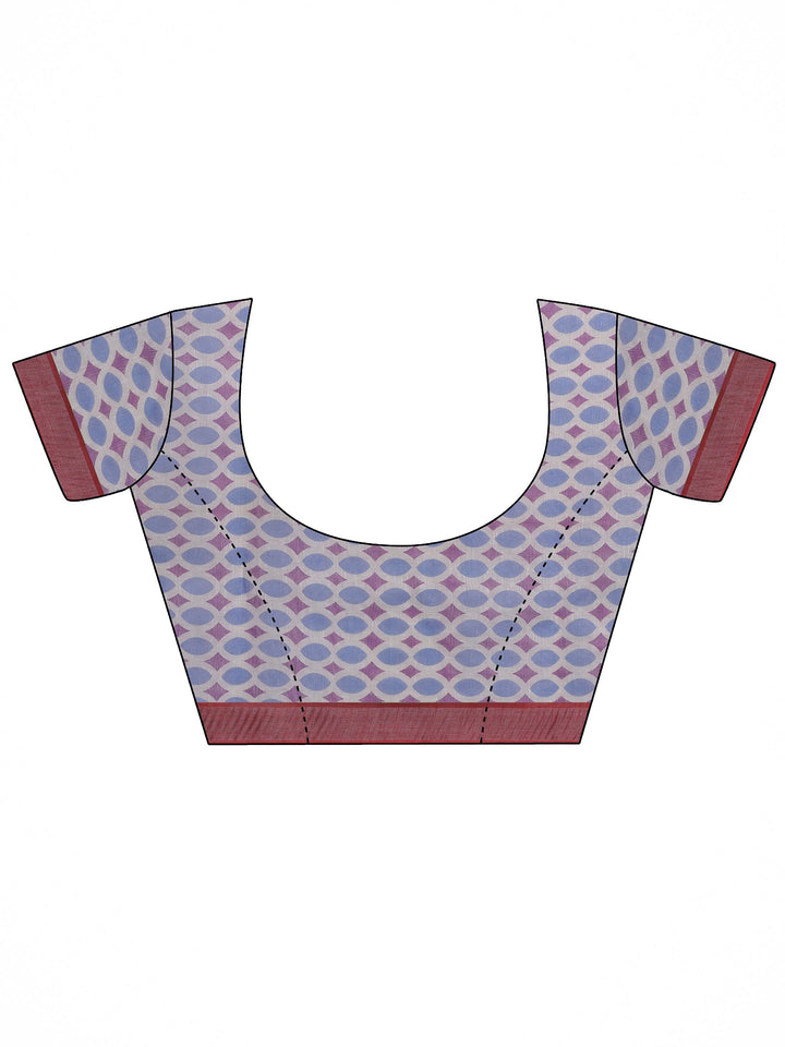 White Printed Cotton Blend Saree With Unstitched Blouse Piece