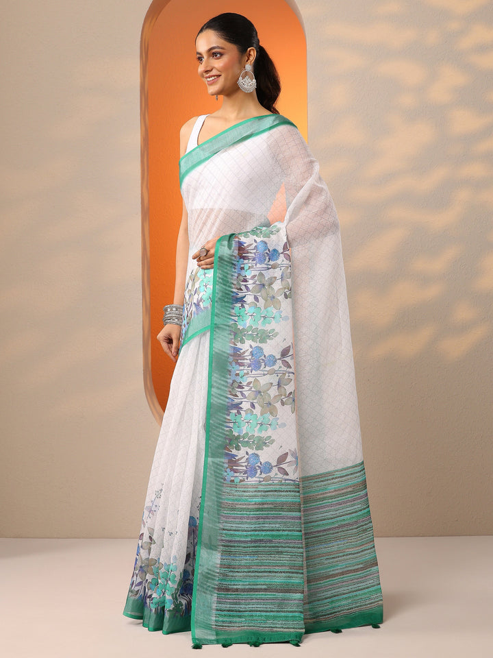 White Printed Cotton Blend Saree With Unstitched Blouse Piece