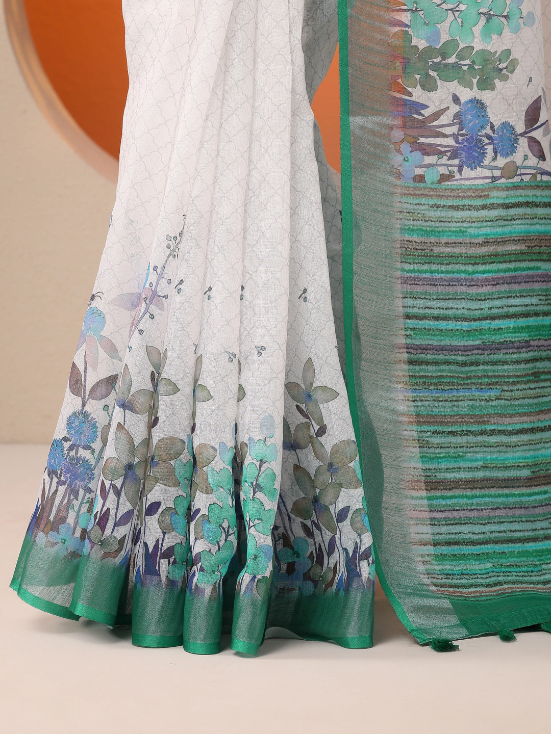 White Printed Cotton Blend Saree With Unstitched Blouse Piece