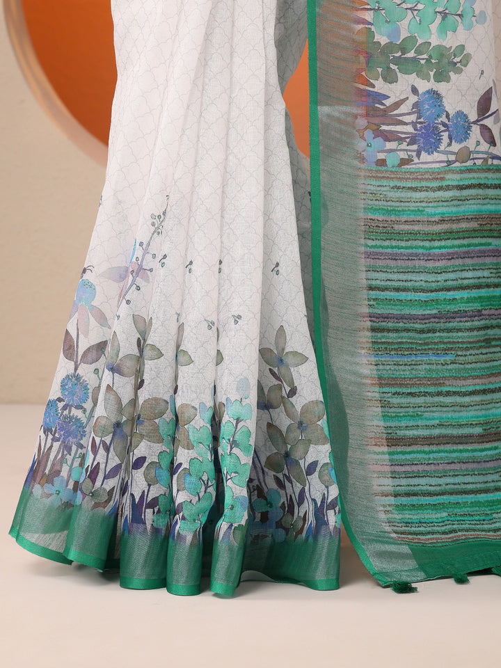 White Printed Cotton Blend Saree With Unstitched Blouse Piece