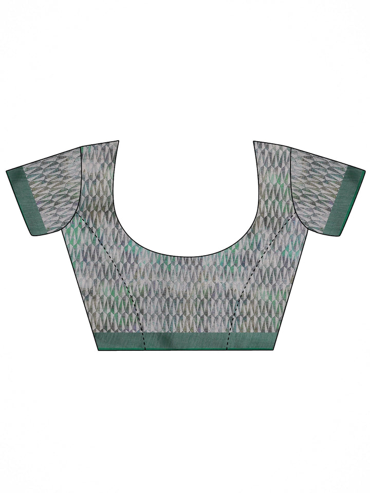 White Printed Cotton Blend Saree With Unstitched Blouse Piece