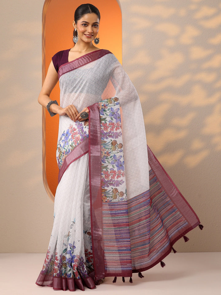 White Printed Cotton Blend Saree With Unstitched Blouse Piece