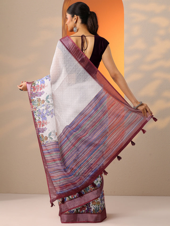 White Printed Cotton Blend Saree With Unstitched Blouse Piece