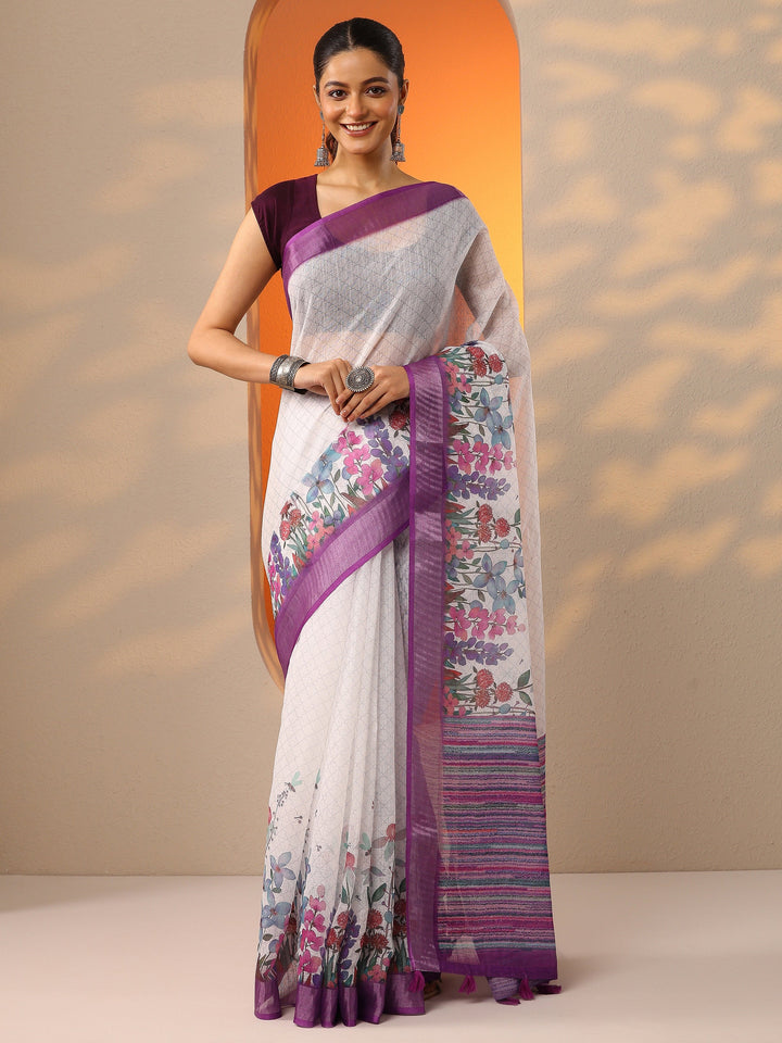 White Printed Cotton Blend Saree With Unstitched Blouse Piece