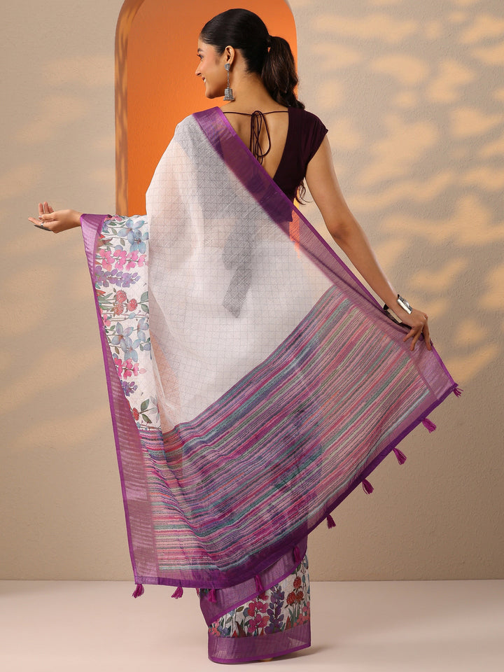 White Printed Cotton Blend Saree With Unstitched Blouse Piece