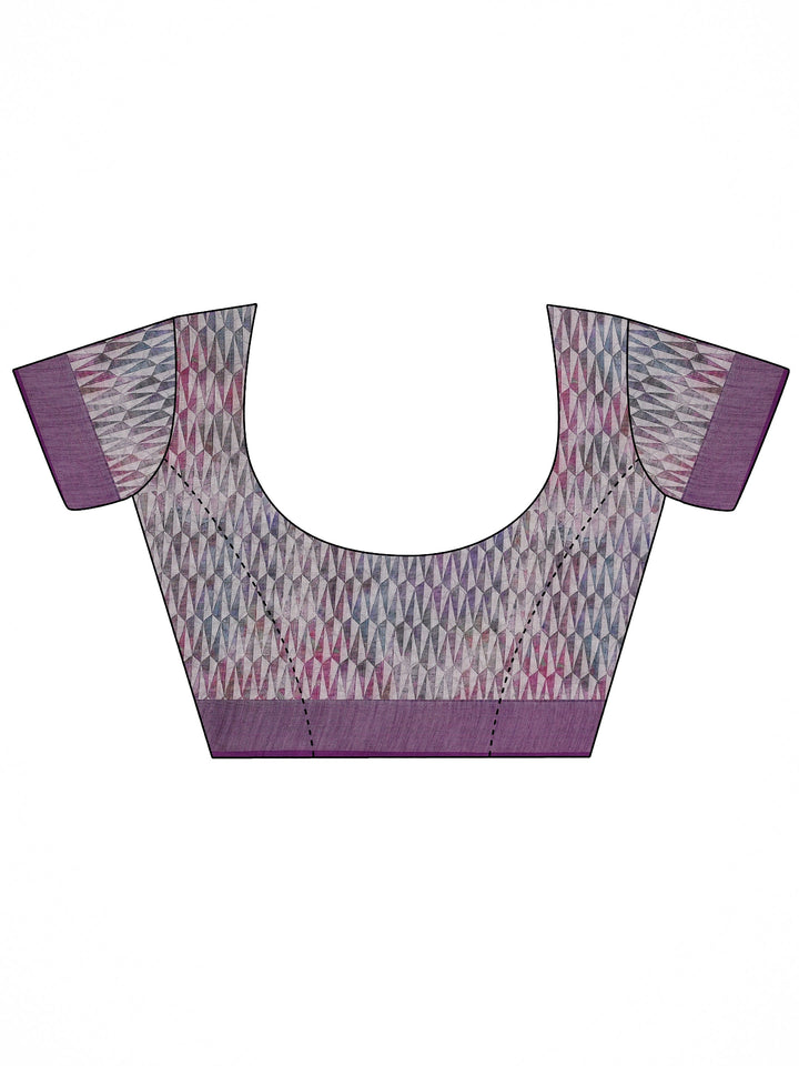 White Printed Cotton Blend Saree With Unstitched Blouse Piece