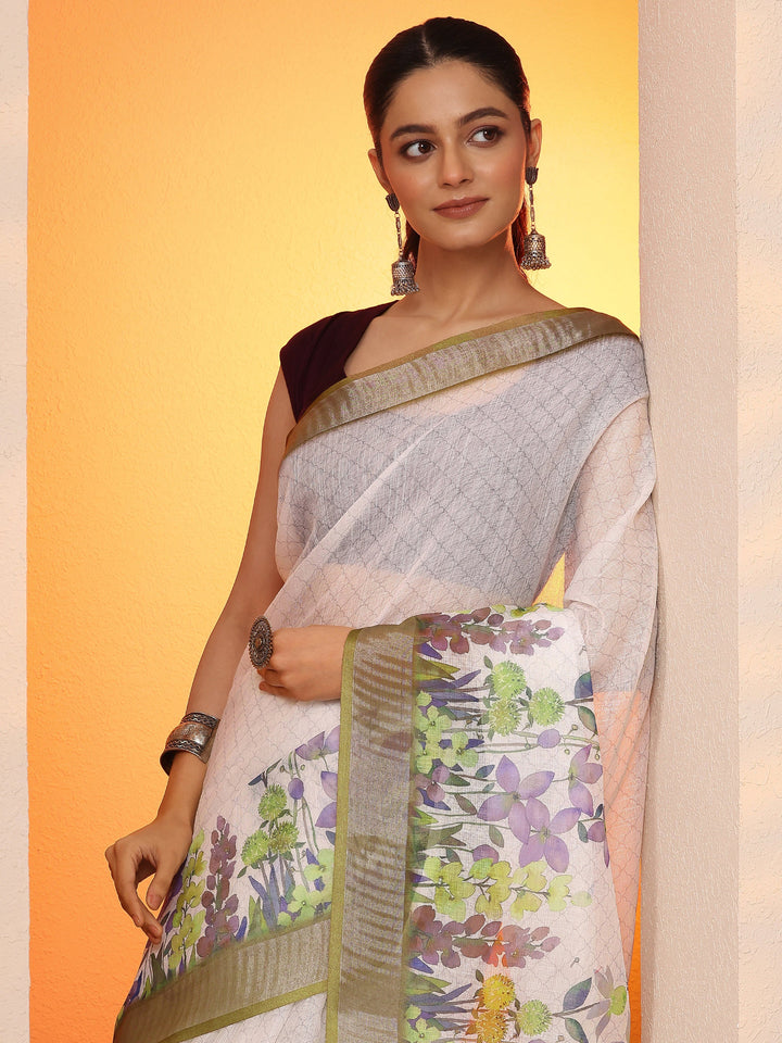 White Printed Cotton Blend Saree With Unstitched Blouse Piece