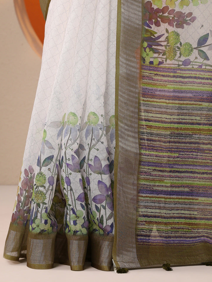 White Printed Cotton Blend Saree With Unstitched Blouse Piece