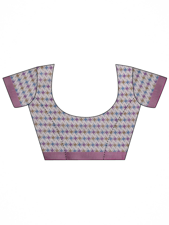 White Printed Cotton Blend Saree With Unstitched Blouse Piece