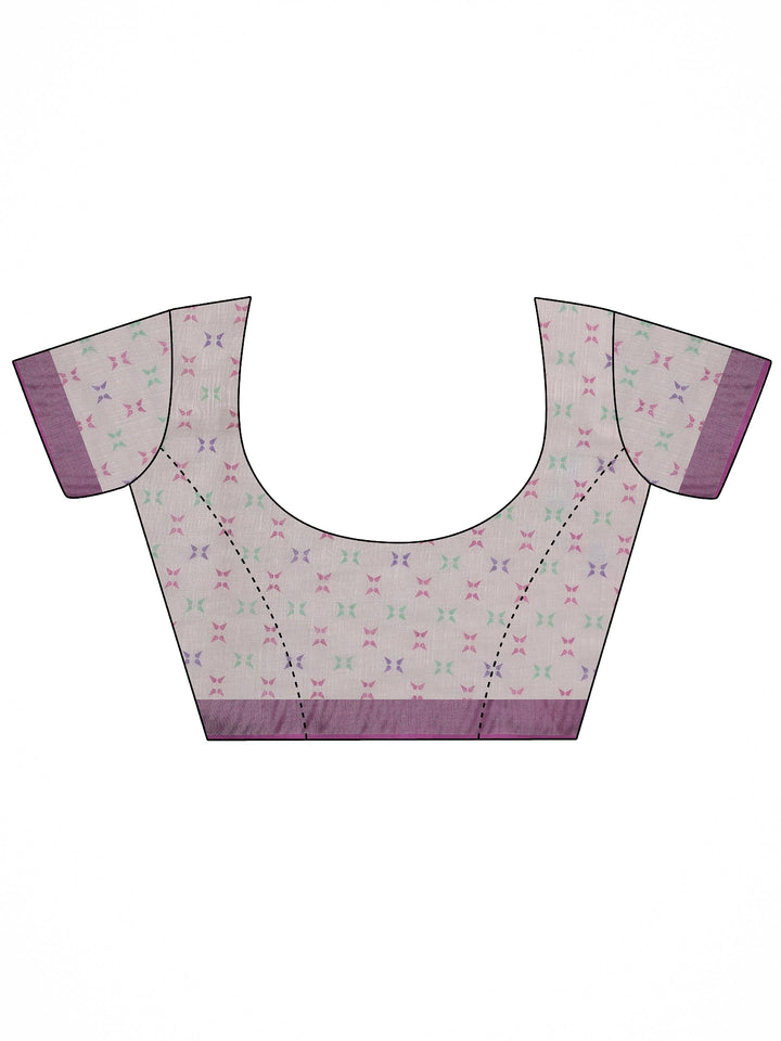 White Printed Cotton Blend Saree With Unstitched Blouse Piece