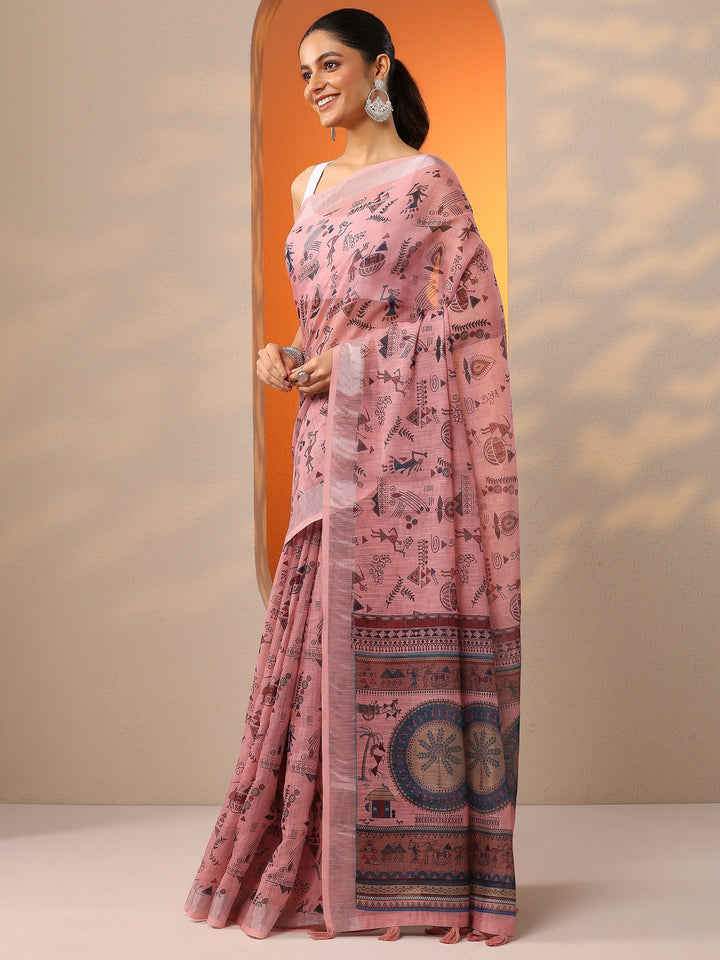 Peach Printed Cotton Blend Saree With Unstitched Blouse Piece