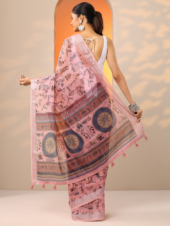 Peach Printed Cotton Blend Saree With Unstitched Blouse Piece