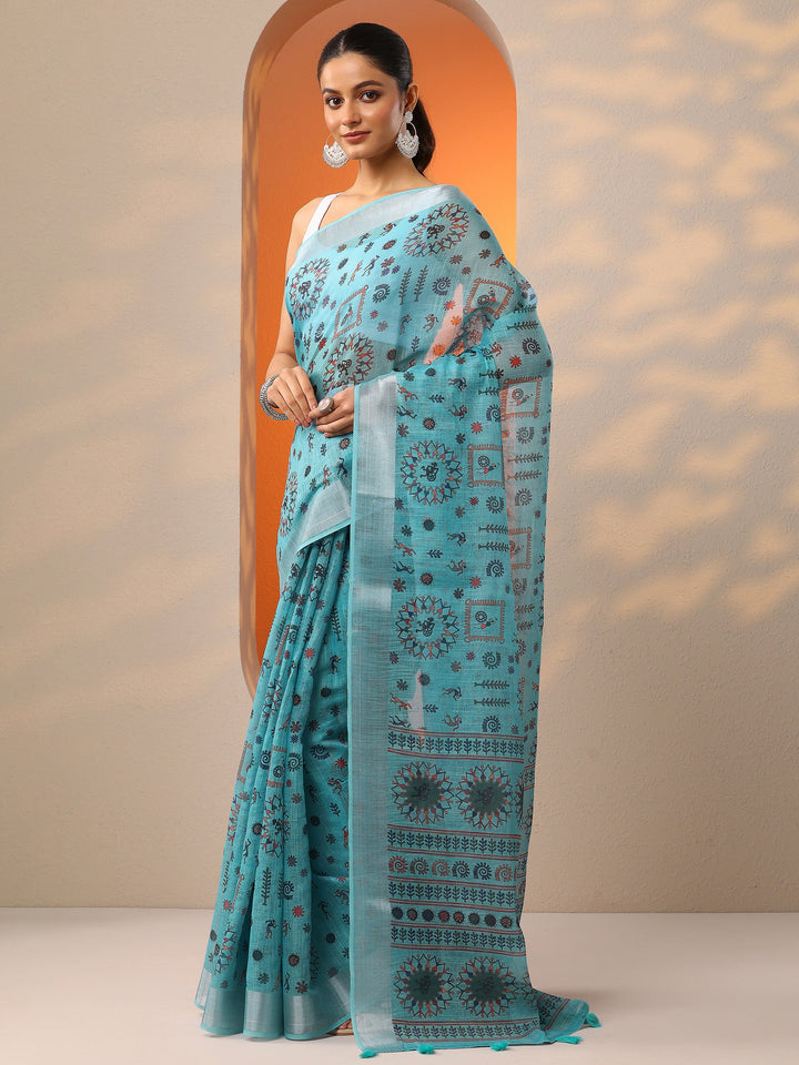 Blue Printed Cotton Blend Saree With Unstitched Blouse Piece