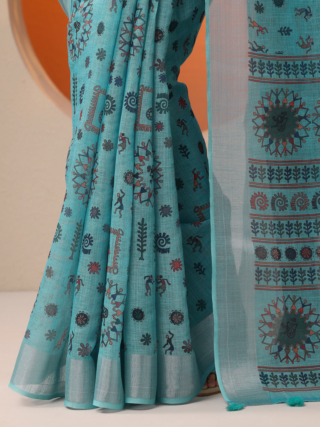 Blue Printed Cotton Blend Saree With Unstitched Blouse Piece