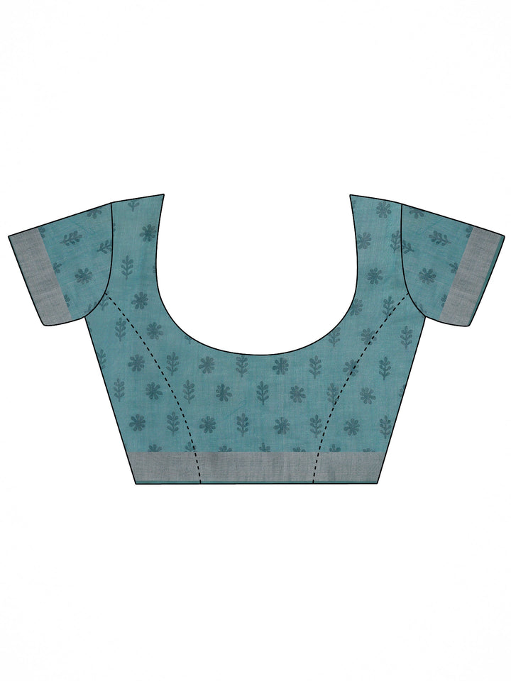 Blue Printed Cotton Blend Saree With Unstitched Blouse Piece