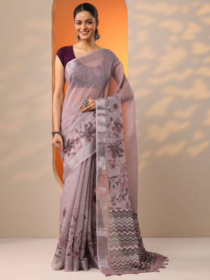 Mauve Printed Cotton Blend Saree With Unstitched Blouse Piece