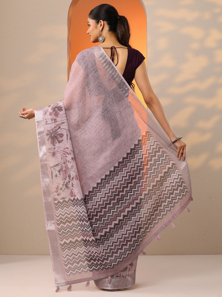 Mauve Printed Cotton Blend Saree With Unstitched Blouse Piece