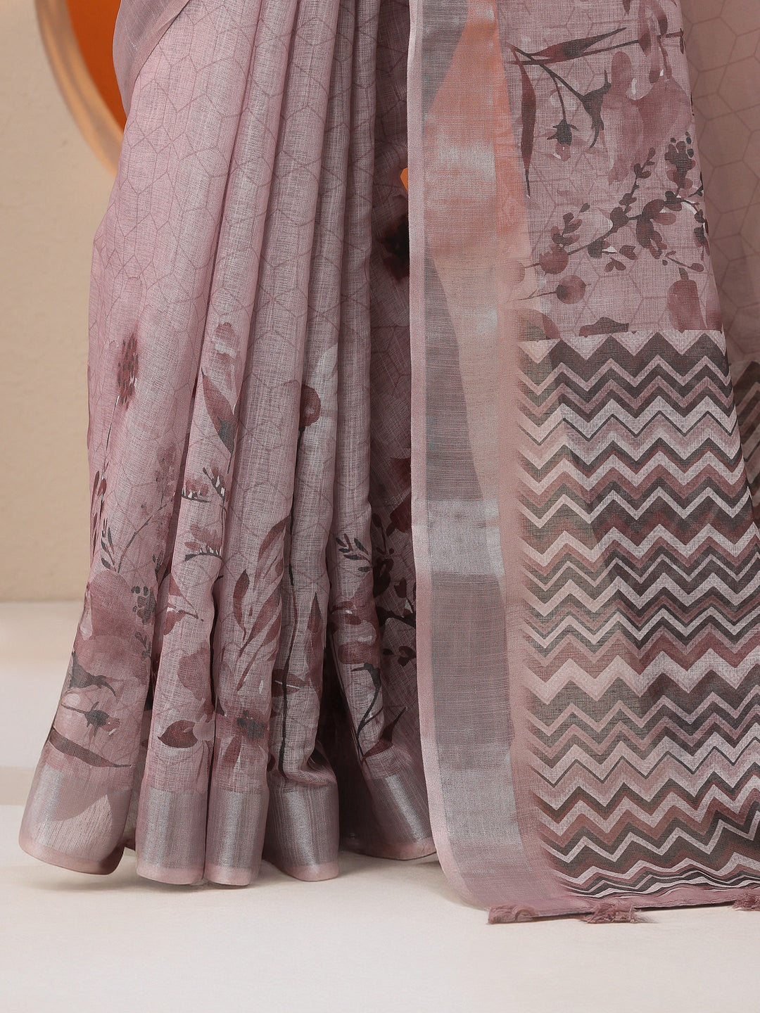 Mauve Printed Cotton Blend Saree With Unstitched Blouse Piece