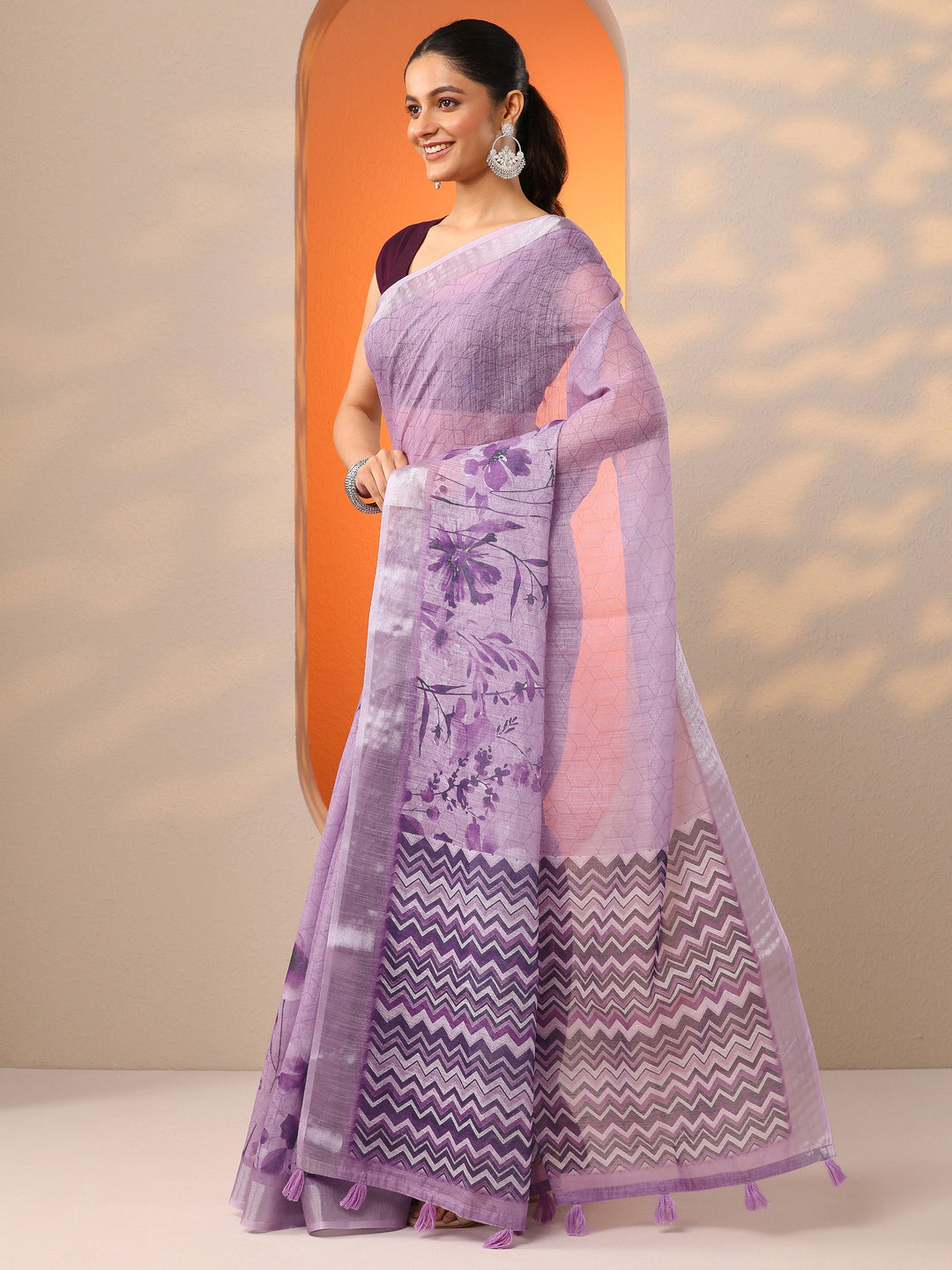 Lavender Printed Cotton Blend Saree With Unstitched Blouse Piece