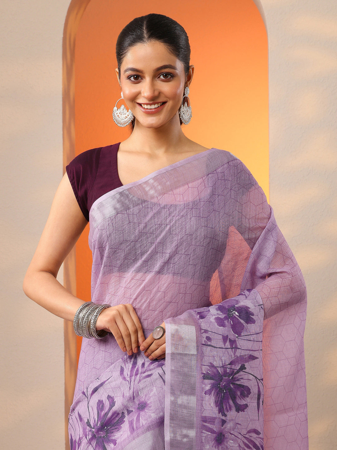Lavender Printed Cotton Blend Saree With Unstitched Blouse Piece