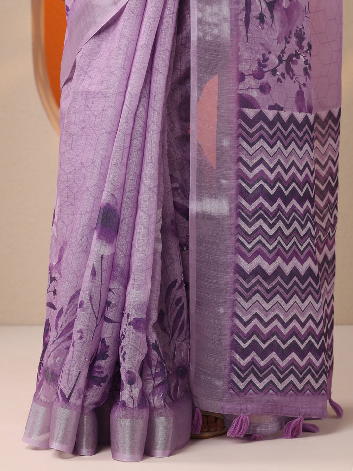 Lavender Printed Cotton Blend Saree With Unstitched Blouse Piece