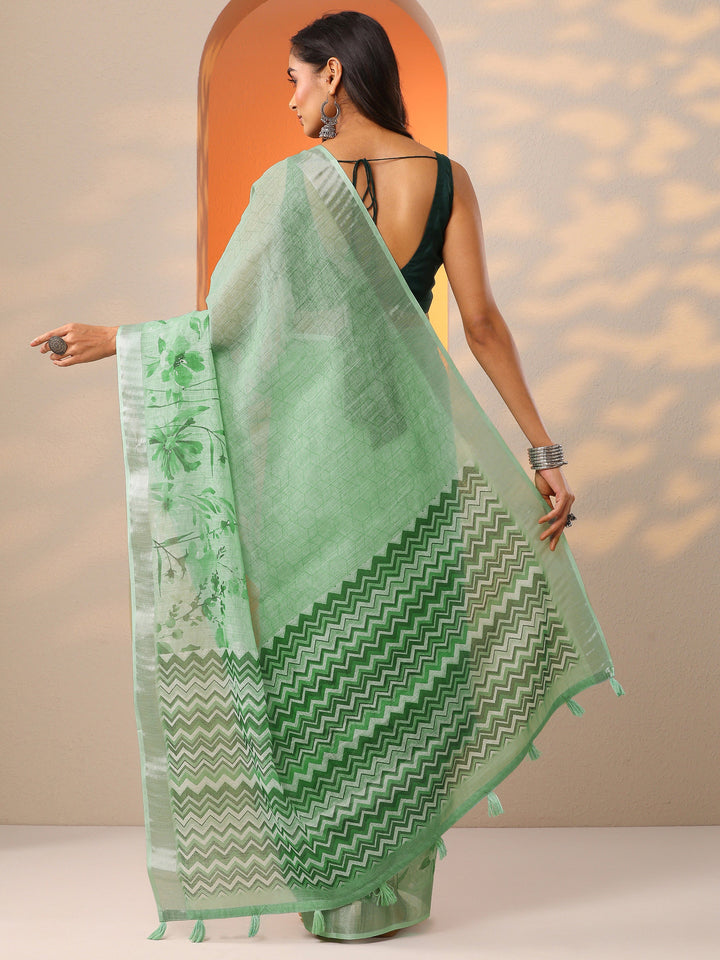 Green Printed Cotton Blend Saree With Unstitched Blouse Piece