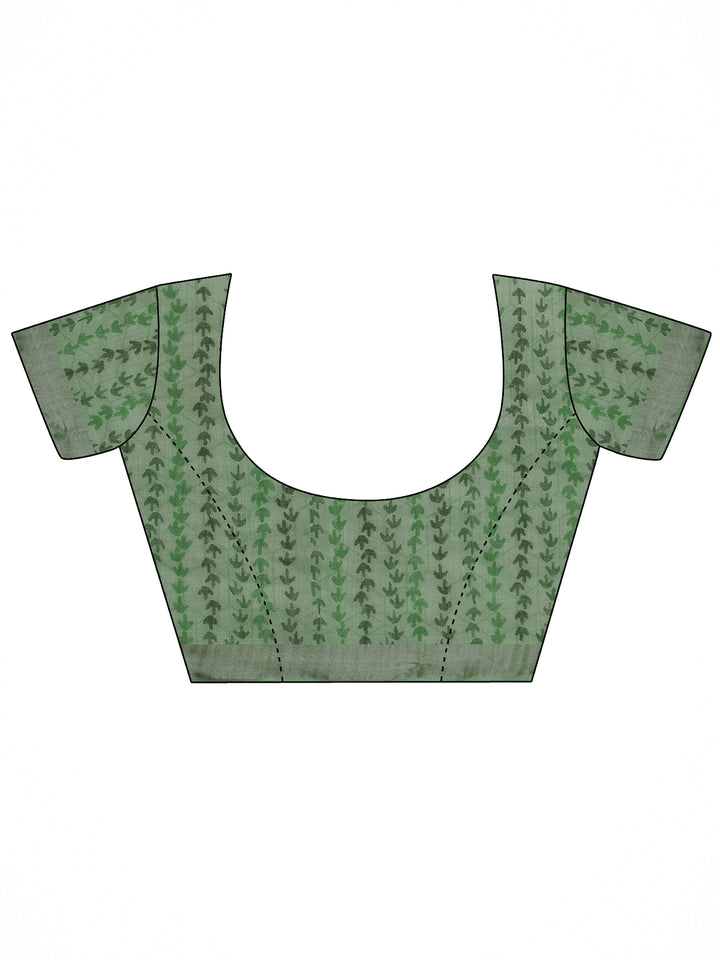 Green Printed Cotton Blend Saree With Unstitched Blouse Piece