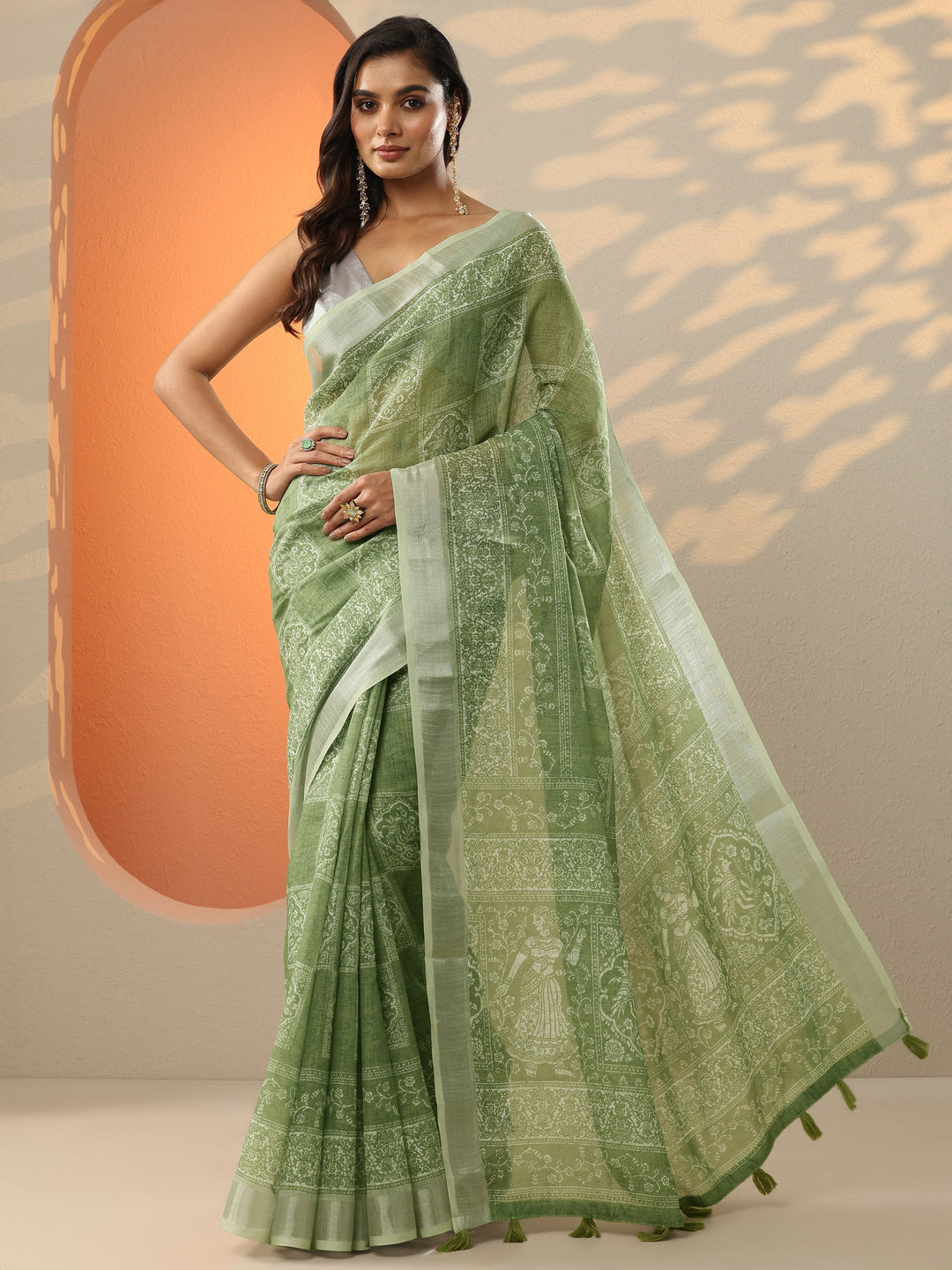 Green Baluchari Printed Cotton Blend Saree With Unstitched Blouse Piece