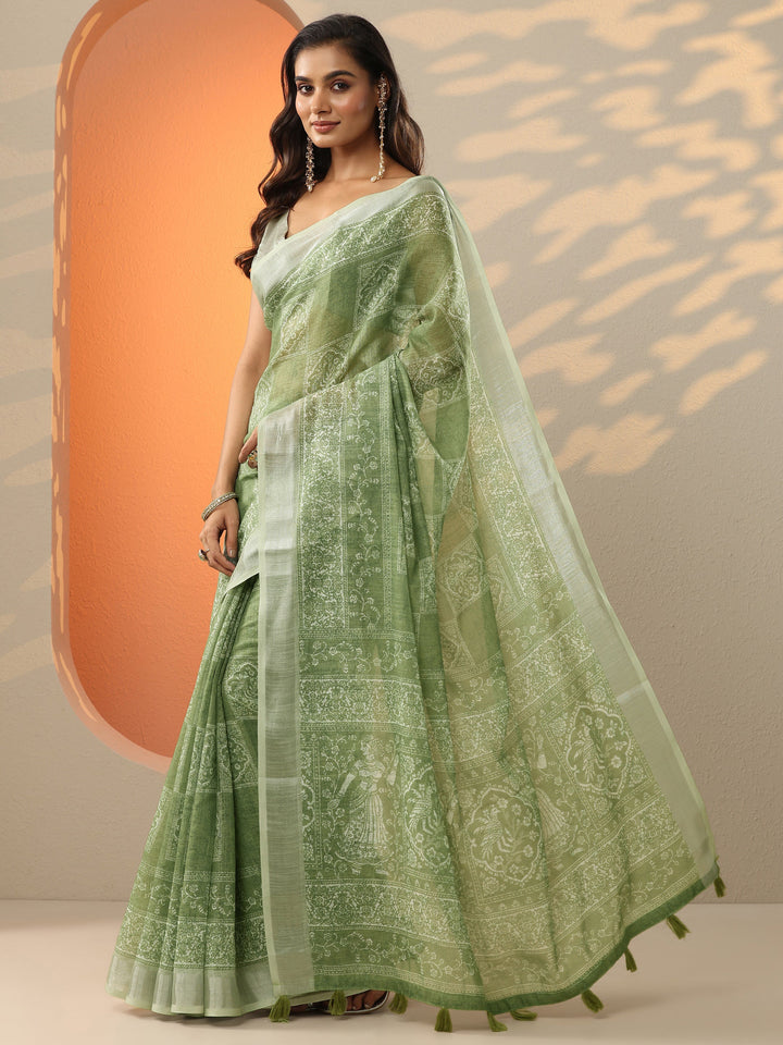 Green Baluchari Printed Cotton Blend Saree With Unstitched Blouse Piece
