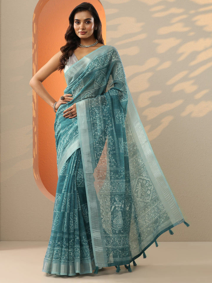 Blue Baluchari Printed Cotton Blend Saree With Unstitched Blouse Piece