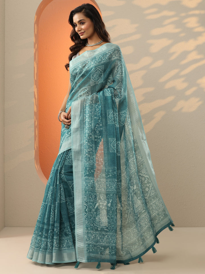 Blue Baluchari Printed Cotton Blend Saree With Unstitched Blouse Piece