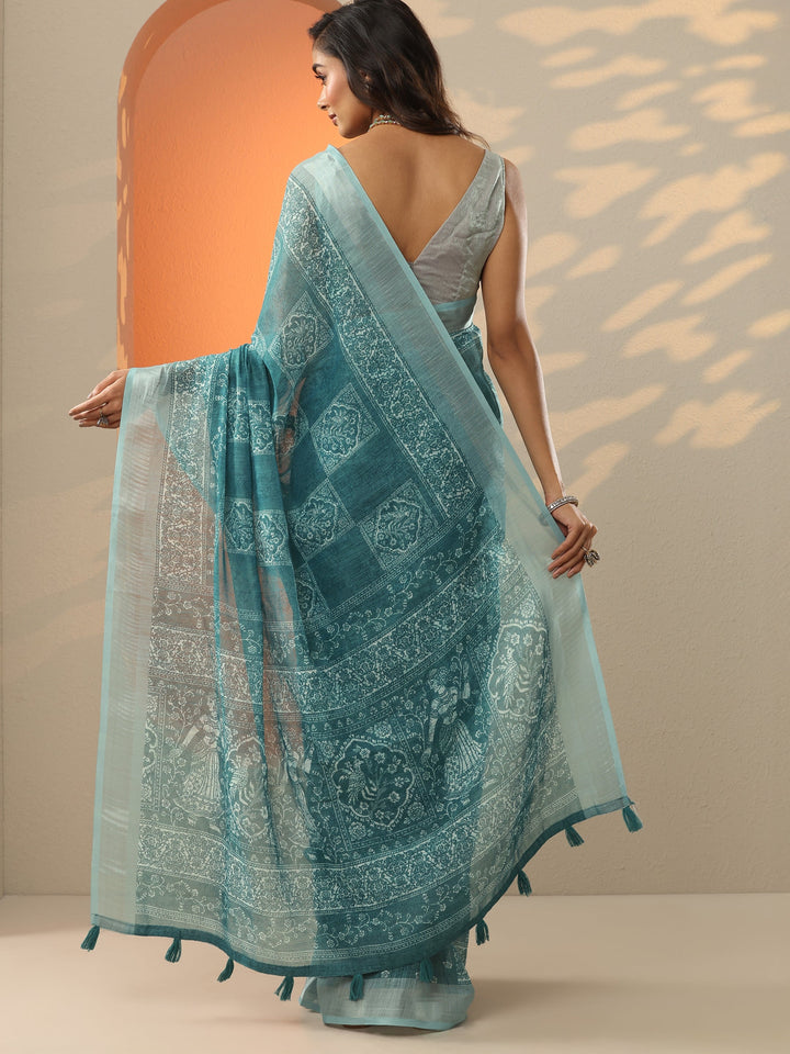 Blue Baluchari Printed Cotton Blend Saree With Unstitched Blouse Piece
