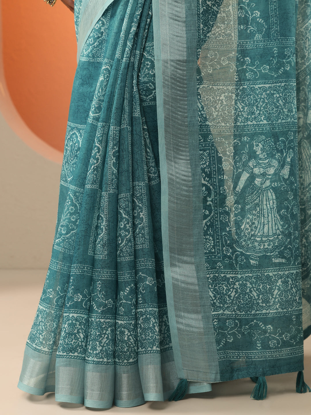 Blue Baluchari Printed Cotton Blend Saree With Unstitched Blouse Piece